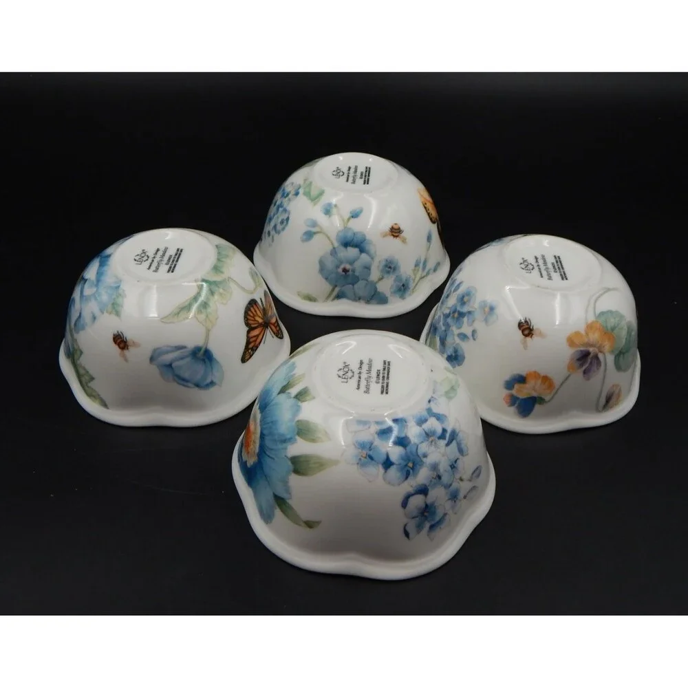 Lenox Butterfly Meadow Bloom 4 Piece Dessert Bowl Set Blue Floral 4-3/4 Inch